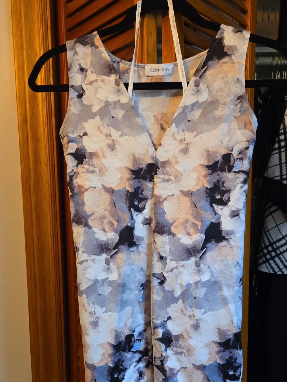 Calvin Klein Floral V-Neck Top in Blue, Cream & Black